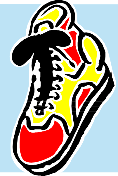 The image shows a black silhouette of an athletic shoe with red highlights on its sole against a blue background.