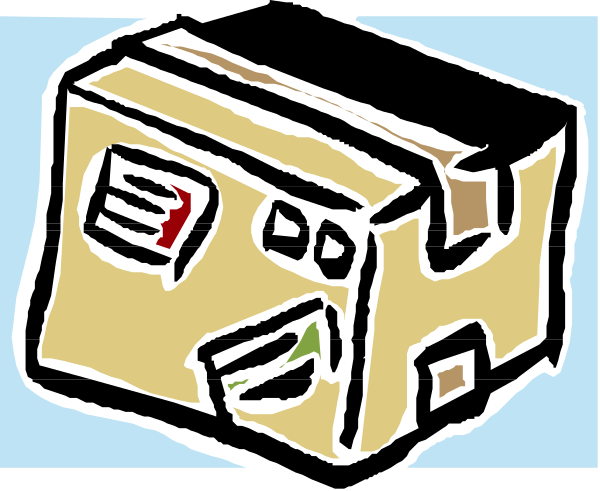 The image shows a cartoon of an open cardboard box with its flaps spread out on top against a blue background; there is no text present in this clip-art illustration.