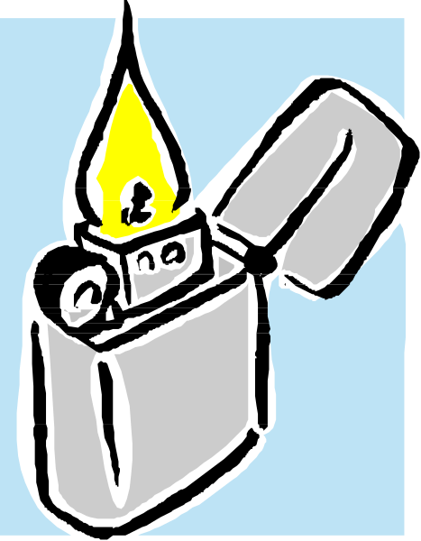 The image shows a cartoon of an open lighter with its flame lit next to what appears to be a small booklet on fire; there is also a candle in front of them both that has been blown out, and it's placed against a blue background within a white border frame.
