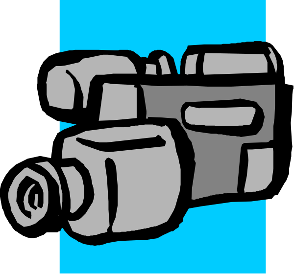 The image shows a black camera with two lenses on top of it against a blue background.