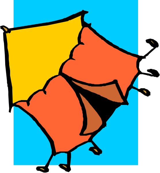 The image shows a colorful umbrella with an open canopy against a blue background on top of what appears to be another object that is partially visible at its bottom edge; there's no text present in this clip-art illustration, and it seems like a simple representation rather than detailed artwork.