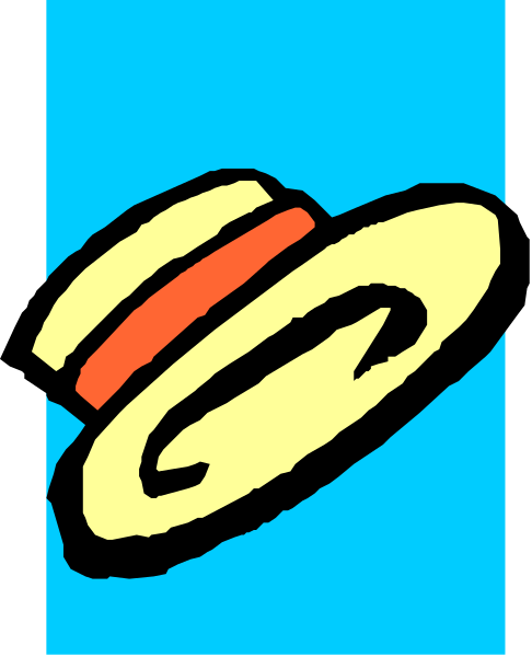 The image shows a cartoon depiction of an open sandwich with various fillings on top, resembling a burrito-like dish, placed against a blue background that suggests water; there is no text present in this clip-art illustration.