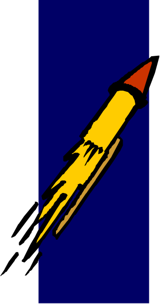 The image shows a cartoon rocket with flames on its tail flying past what appears to be an open book cover that has blue pages inside.