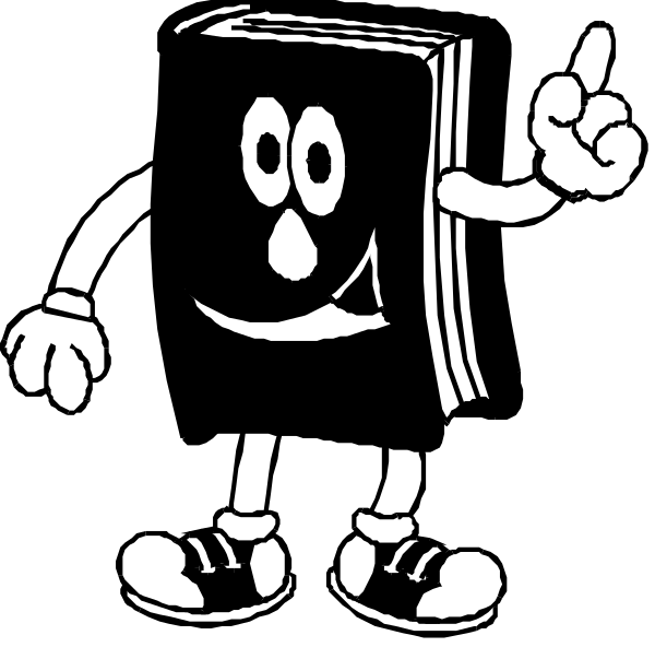 The black and white cartoon features a book character with an exaggerated facial expression pointing to its left side while another similar figure stands beside it in profile facing rightward.