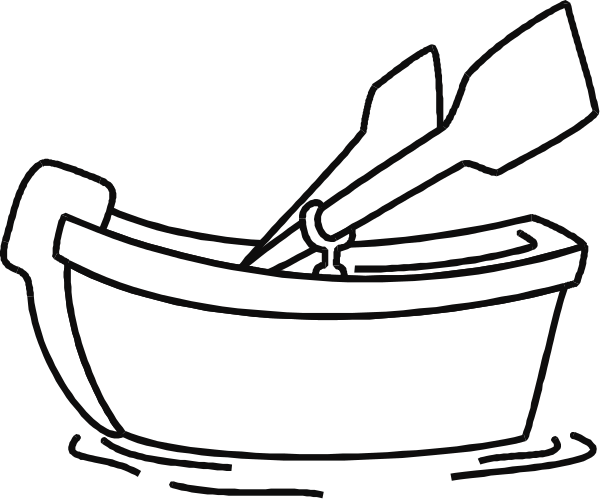 The black and white line drawing shows a boat with an oar inside it on water, suggesting rowing activity.