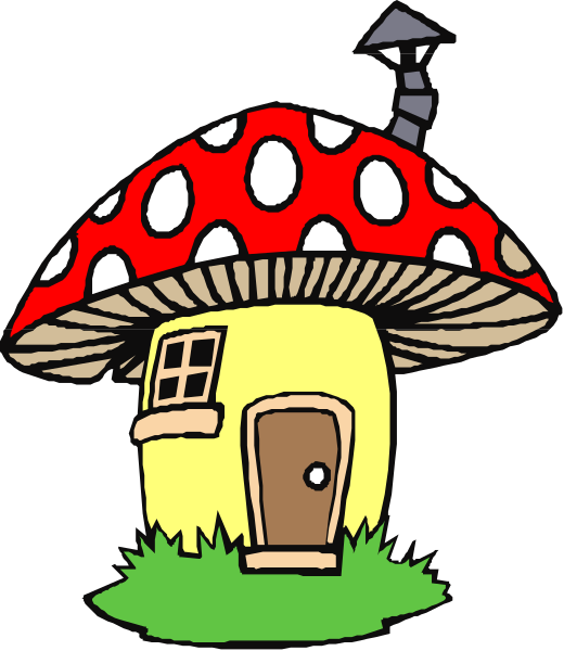 The illustration shows a cartoon mushroom house with red polka dots on top of it next to an open door in front of green grass under blue sky.