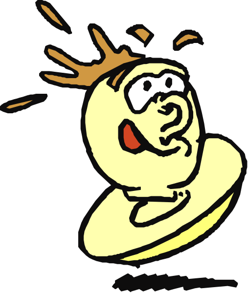 The cartoon shows a yellow character with an exaggerated facial expression sitting on top of what appears to be a toilet bowl lid in front of it is flying debris that looks like confetti.