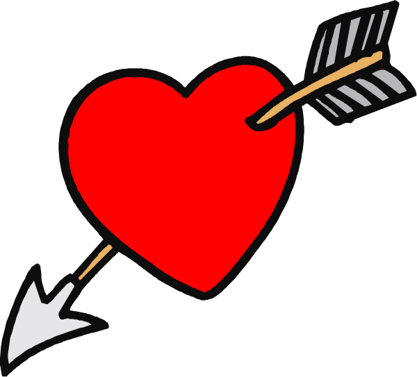 The image shows a black background with an illustration of a red heart pierced by two arrows forming an 'X' shape in front of it; there is also a single arrow pointing to the right side, and above this arrangement floats another smaller heart that appears damaged or broken.