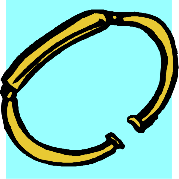 The image shows a yellow bracelet with two broken ends on top of each other against a blue background.