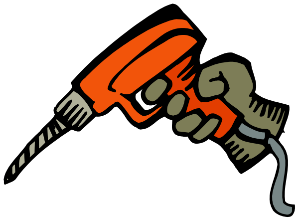 The image shows a hand holding an electric drill with its cord coiled around it against a black background.