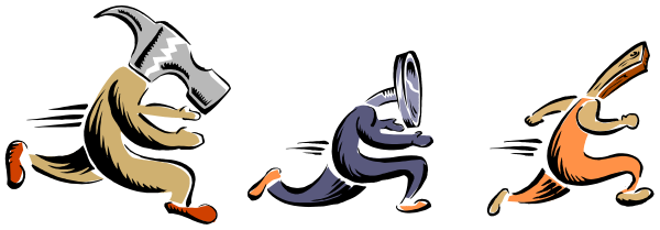 The image shows a cartoon of three characters running with different expressions on their faces; there is no text present within this small clip-art graphic.