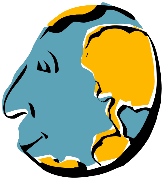 The image shows a stylized graphic of an Earth with two human faces on it; there is no text present within this clip-art illustration.
