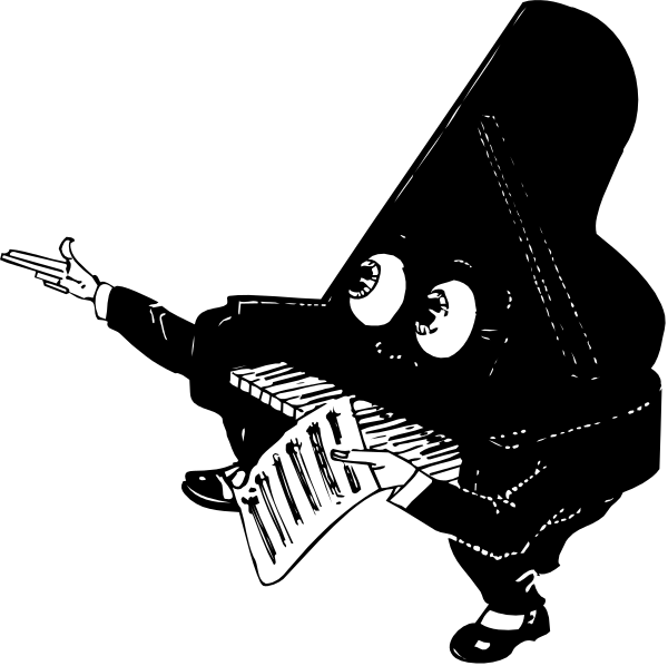 The black and white cartoon shows a character playing an organ with two hands while pointing to something offscreen with their right hand.