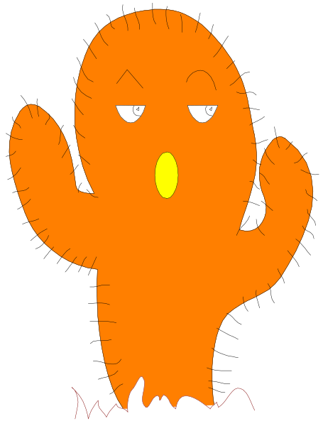 The image shows a cartoon cactus character with an exaggerated facial expression standing on what appears to be flames against a black background.