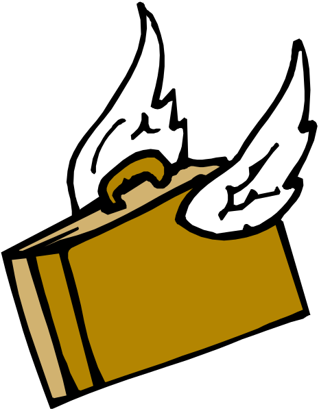 The image shows a cartoon of an open book with wings on top, symbolizing knowledge or literature, set against a black background.