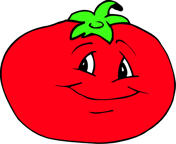 The image shows two cartoon tomatoes with faces smiling at each other against a black background.