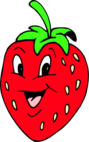 The image shows a cartoon strawberry with eyes and mouth drawn on it against a black background.