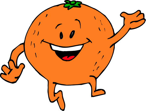 The image shows a cartoon orange character with arms outstretched against a black background.