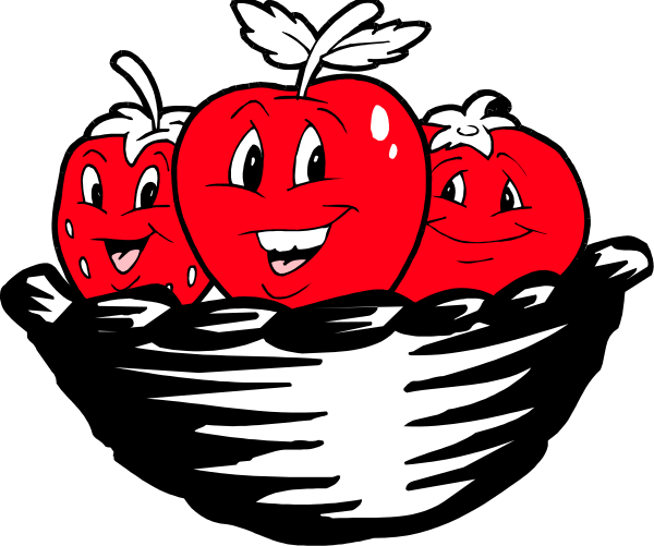 The black and white cartoon shows four apples with faces floating on water; each apple has a happy expression and is smiling at something off-screen to its right side.