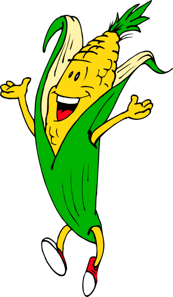 The cartoon depicts a corn cob with arms raised high above its head on top of an ear of green maize in front of it against a black background.