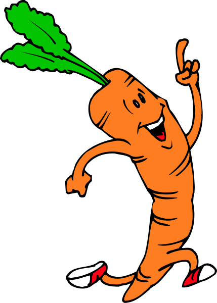 The cartoon shows a carrot with arms raised high above its head standing upright on two legs against a black background.