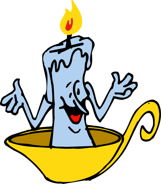 The image features a cartoon candle with arms raised above its head inside an open book that is floating on water within what appears to be a cup of coffee.