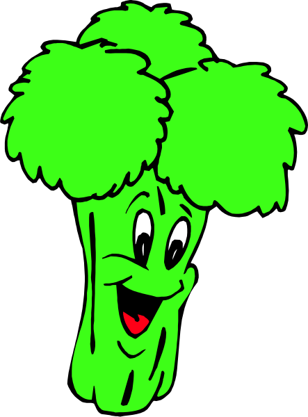 The image shows a cartoon of an overgrown broccoli with exaggerated features such as eyes and mouth, standing upright against a black background.