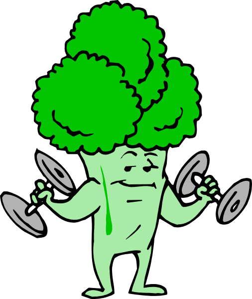 The image shows a cartoon of broccoli with arms holding weights on either side, standing upright against a black background.