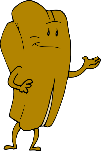 The image shows a cartoon of an anthropomorphic hot dog character with arms outstretched as if gesturing to someone off-screen.