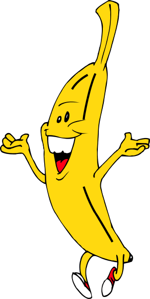 The cartoon depicts a banana character with arms outstretched standing against a black background.