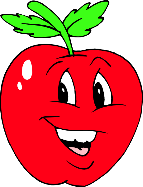 The image shows a cartoon apple with eyes, mouth, and limbs that is smiling broadly against a black background.