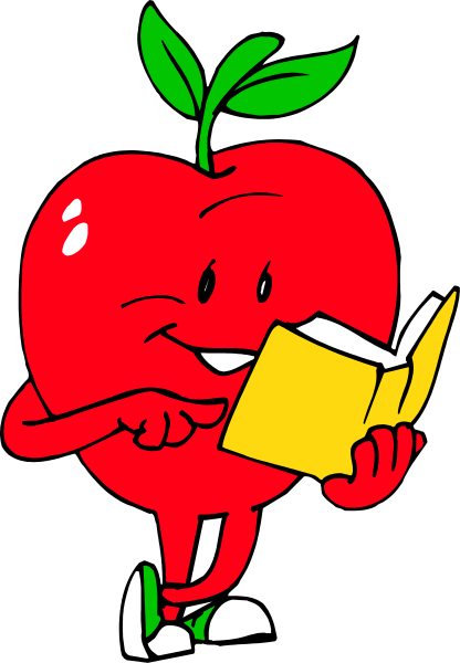 The cartoon depicts a red apple character holding an open book with its hands while standing upright on two legs against a black background.