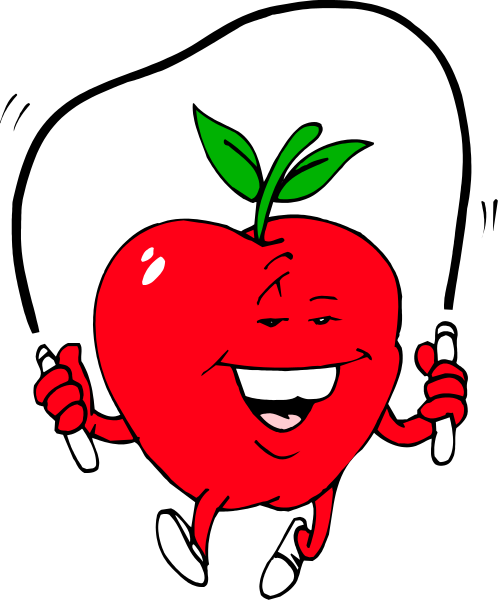 The image shows a cartoon apple character with arms outstretched holding drumsticks while smiling broadly against a black background.