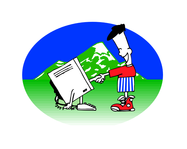 The image shows a cartoon of an animated character standing next to a computer monitor with mountains behind them; there is also text on top that reads "Gulf Coast" in blue letters against white background.