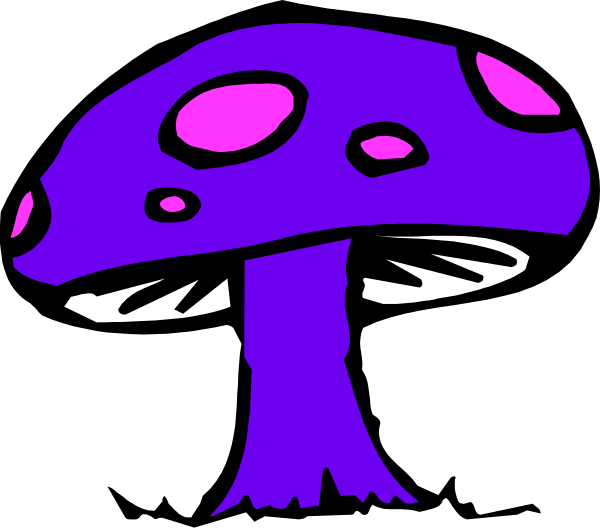 The image shows a cartoon mushroom with purple spots on its cap sitting upright against a black background.