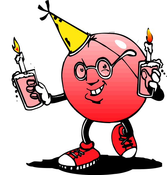 The cartoon depicts a red ball with glasses holding two lit candles on either side of its face while wearing party hats; it is also carrying three drinks in each hand as if dancing to music.