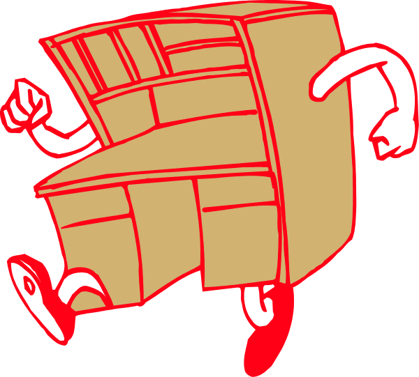 The image shows a cartoon of an animated character running with two boxes on its back towards what appears to be a delivery truck in motion against a red background.