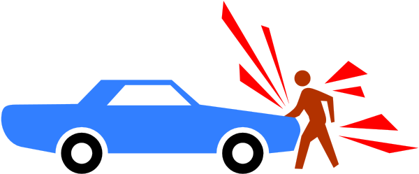 The image shows a person walking towards an animated car with red laser beams emanating from it; there is also another vehicle in front of them that appears to have been hit by these lasers as indicated by shattered glass and smoke, set against a dark background.