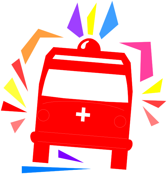 The image shows a red ambulance with an explosion of colorful confetti around it on both sides against black backgrounds; there is no text present in this clip-art illustration.