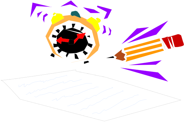 The image shows a cartoon of an animated character with exaggerated features holding what appears to be a pencil over its head while standing on top of some papers that resemble a desk surface in black-and-white, and there is no text present within this small clip art image.