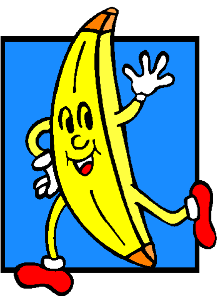 The image shows a cartoon banana character with arms outstretched standing on top of another yellow banana that is smiling in front of it against a blue background.