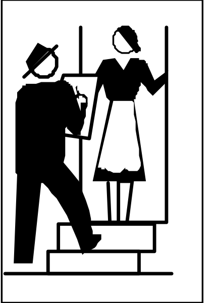 The black and white illustration shows a man standing on an elevated platform with his back to us; he is holding what appears to be a book in one hand while gesturing towards it with another. Next to him, there's a woman who seems to have been painted or drawn onto the wall of the structure where they are both located. The setting suggests this could represent an art gallery or museum exhibit due to their poses and surroundings that resemble steps leading upwards in front of them.