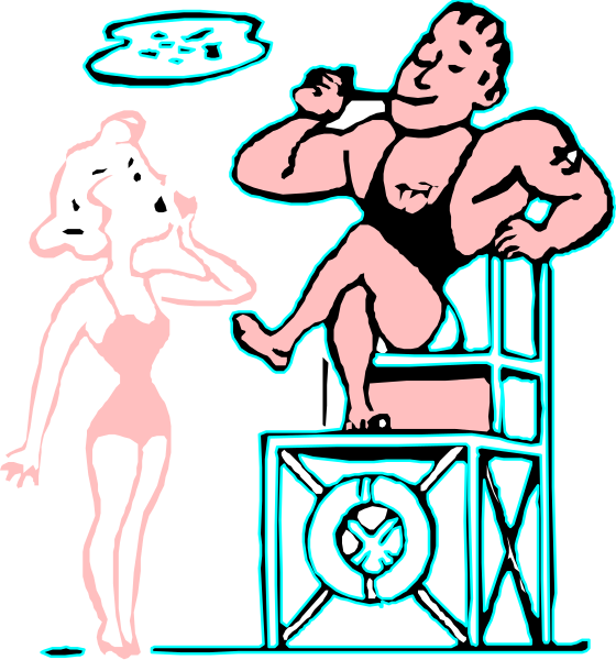 The image shows a cartoon of two characters: on the left side there is an animated man sitting down with his legs crossed over each other; he has short hair, wears glasses, and appears to be in deep thought as indicated by one hand resting under his chin while holding what looks like a pipe. On the right side stands another character who seems surprised or shocked at something happening off-frame—she is wearing high heels with her legs apart, hands on hips, looking upwards towards an unseen object of interest above and to the left of both characters' heads. The background consists only