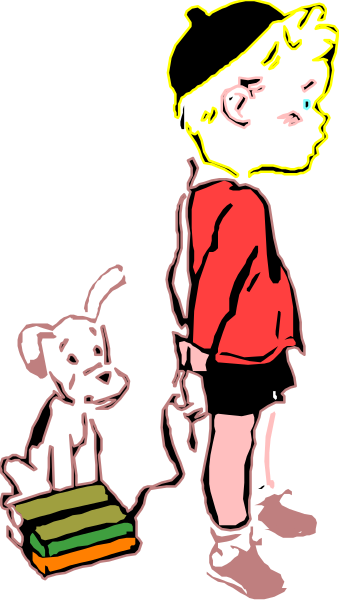 The image shows a cartoon of an adult standing next to two dogs on leashes; there is also a child's face in profile at top left corner with blue eyes looking upwards towards right side of frame, and below it appears to be another character or object that resembles a book.