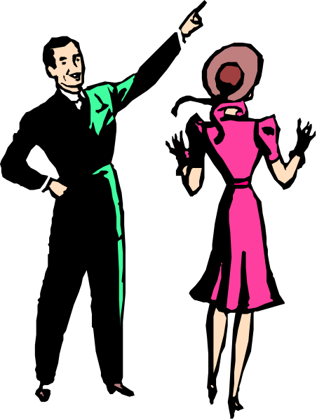 The black and white illustration shows a man pointing to his left with an exaggerated gesture while standing next to another person who is also gesturing but in a more subdued manner; both characters appear animated, suggesting movement within their poses.