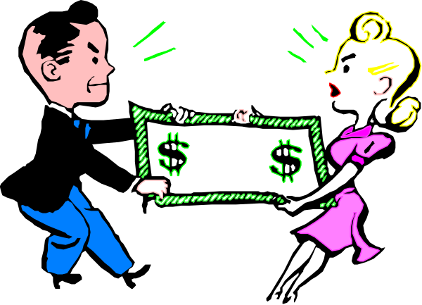 The cartoon shows a man handing over money to another person who appears surprised by it; there is also an image of a check with "$10" written on top in bold letters next to them.