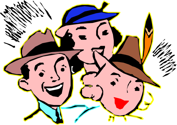The image shows a cartoon of three characters: two adults with exaggerated facial expressions looking at each other while smiling broadly, one adult pointing towards them from behind, all set against a plain background without any distinguishable setting details visible in this clip-art style illustration.