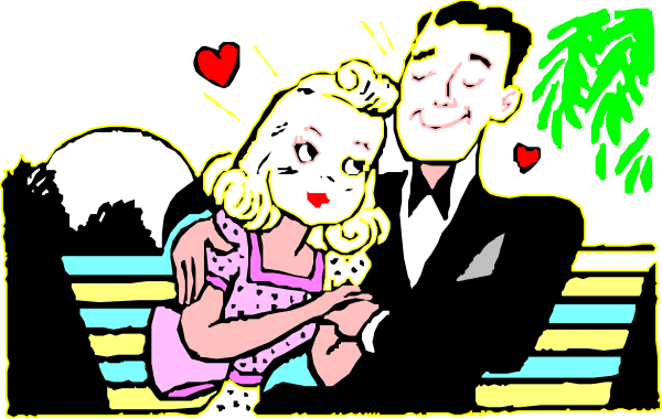 The image shows a black and white illustration of two cartoon characters: an older man with mustache holding onto his younger female companion who is wearing polka dots; both appear to be in mid-dance, as suggested by their poses on what looks like a dance floor or stage.