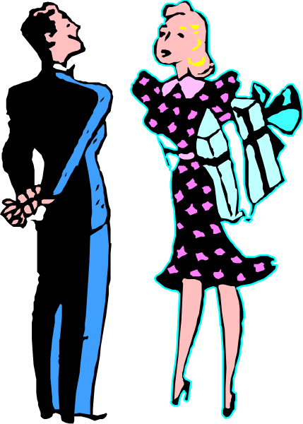 The black and white illustration shows a man standing next to an animated woman who is holding packages; both characters appear surprised with their mouths open as if reacting to something unexpected.