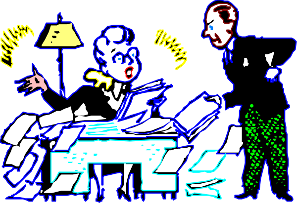 The image shows a black and white cartoon of two characters: an animated man standing at his desk with papers scattered around him while talking to another character who is sitting in front of him on what appears to be a couch, holding up her hand as if gesturing or explaining something during their conversation.